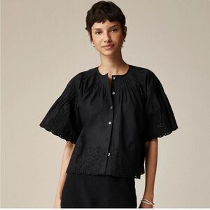 J. Crew Pleated Eyelet-Trim Shirt in Cotton Poplin, Black, Size XL